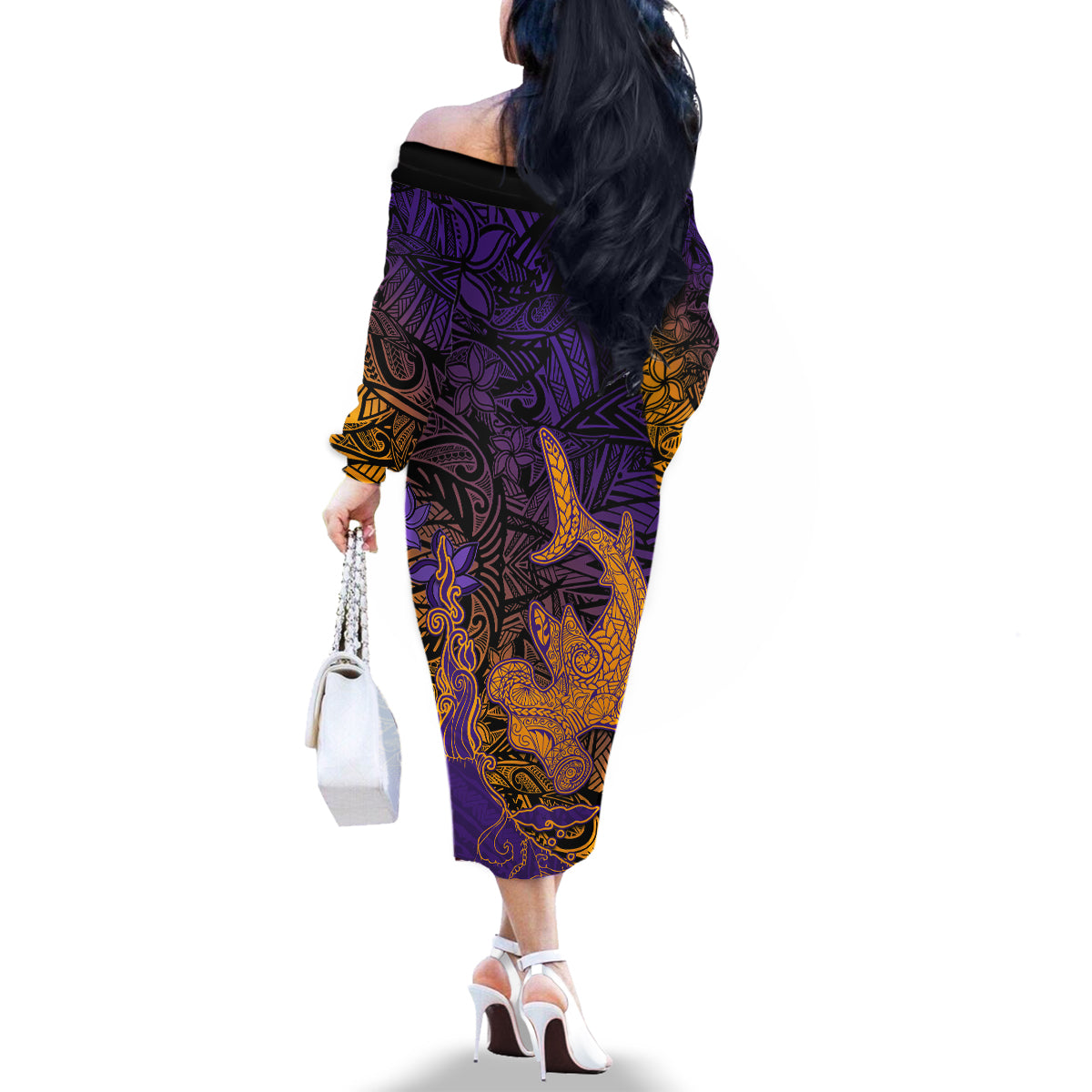Hawaiian Volcano and Shark Family Matching Off The Shoulder Long Sleeve Dress and Hawaiian Shirt Polynesian and Hibiscus Pattern Purple Yellow Gradient LT03 - Polynesian Pride