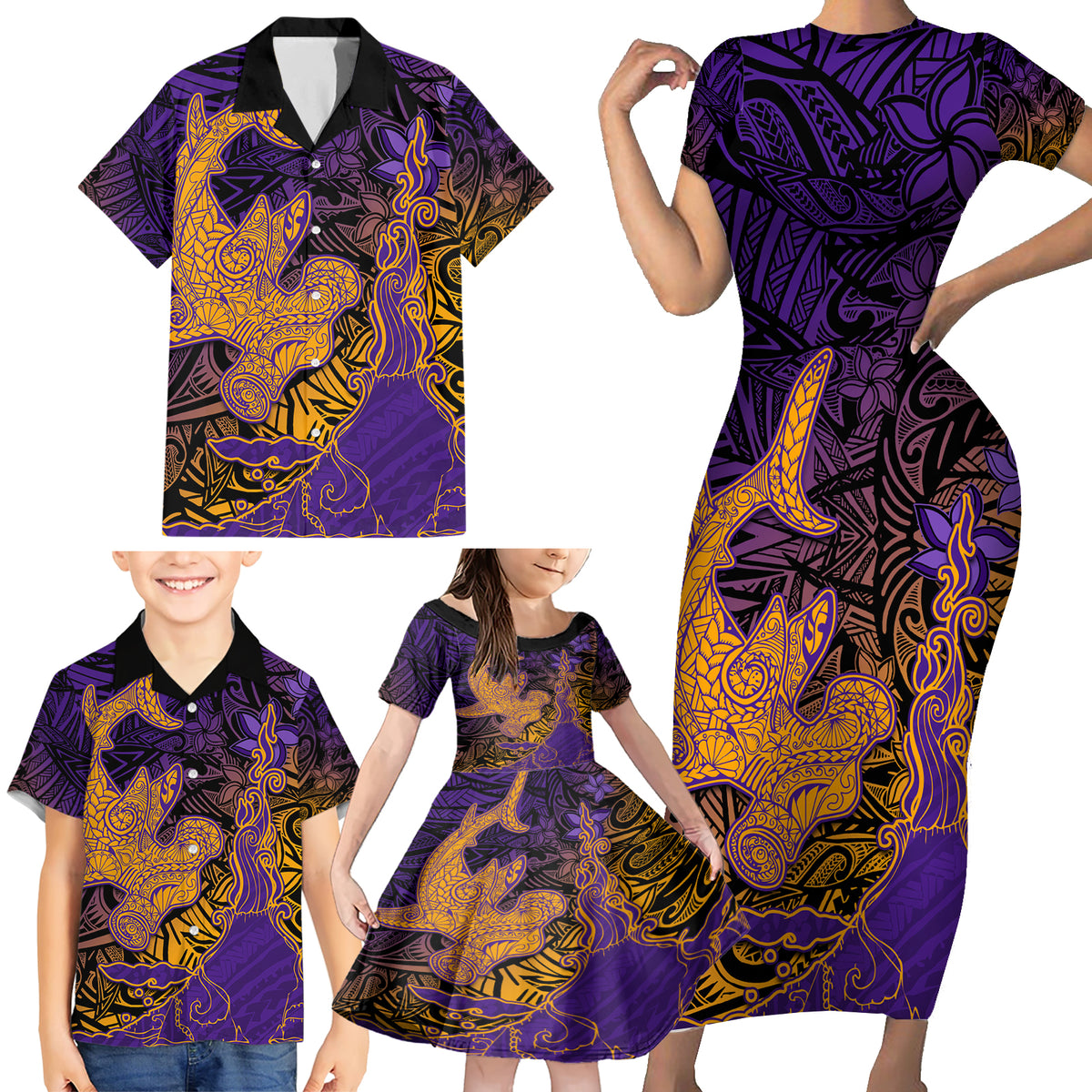 Hawaiian Volcano and Shark Family Matching Short Sleeve Bodycon Dress and Hawaiian Shirt Polynesian and Hibiscus Pattern Purple Yellow Gradient LT03 - Polynesian Pride