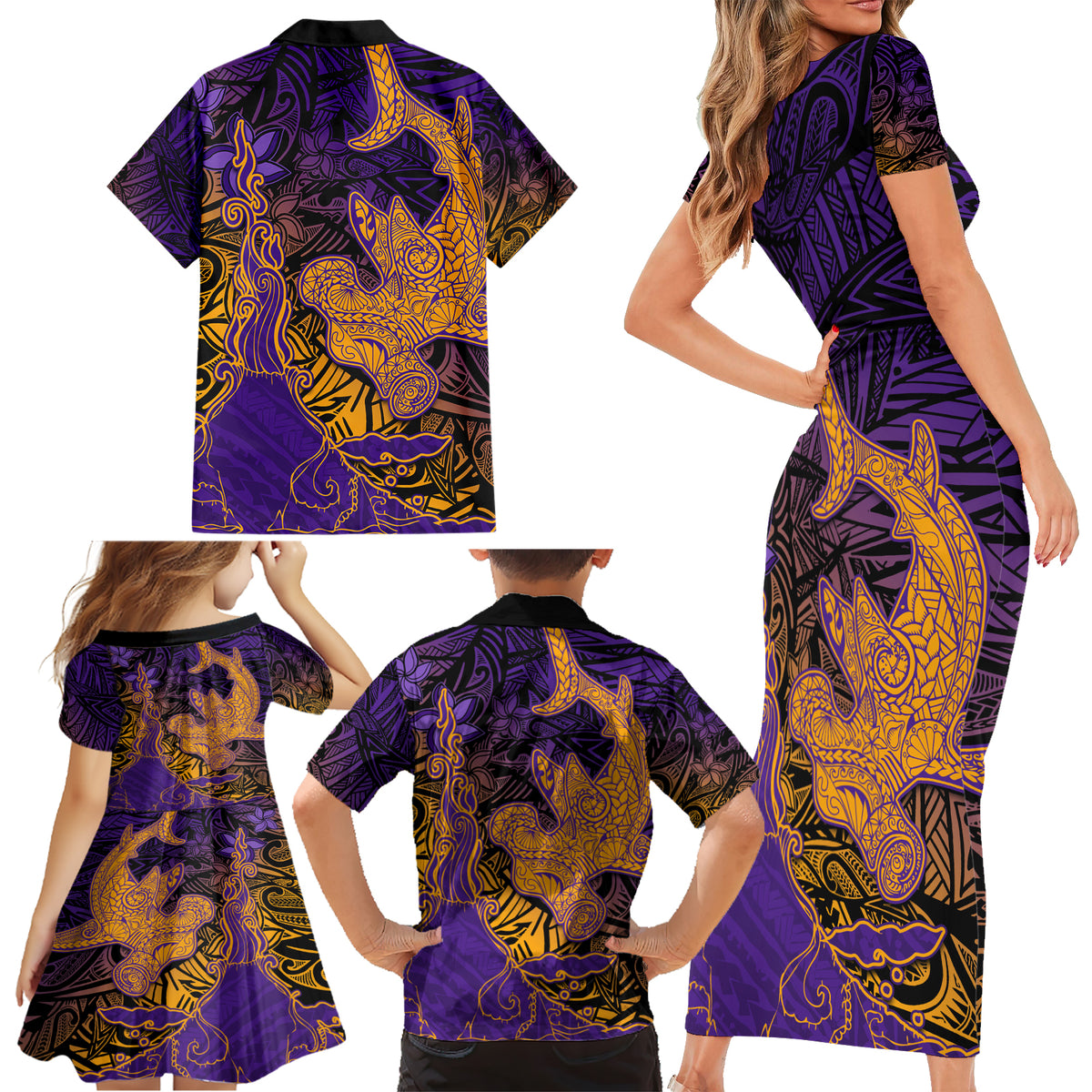 Hawaiian Volcano and Shark Family Matching Short Sleeve Bodycon Dress and Hawaiian Shirt Polynesian and Hibiscus Pattern Purple Yellow Gradient LT03 - Polynesian Pride