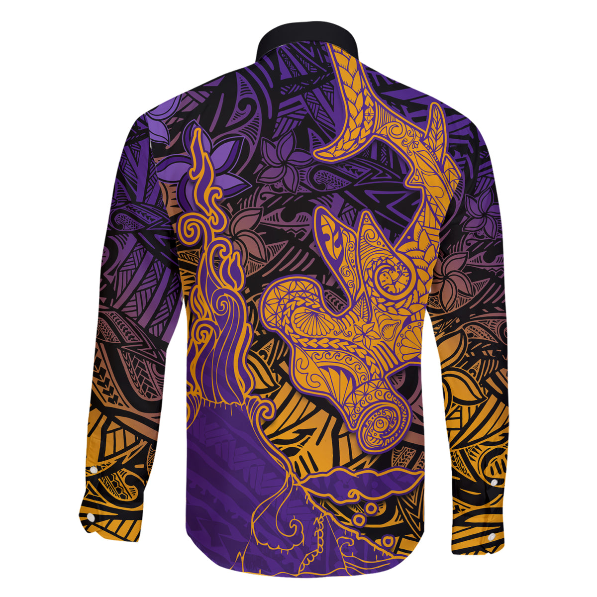 Hawaiian Volcano and Shark Family Matching Short Sleeve Bodycon Dress and Hawaiian Shirt Polynesian and Hibiscus Pattern Purple Yellow Gradient LT03 - Polynesian Pride