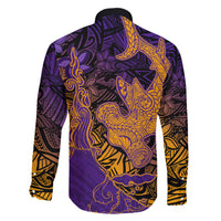 Hawaiian Volcano and Shark Family Matching Short Sleeve Bodycon Dress and Hawaiian Shirt Polynesian and Hibiscus Pattern Purple Yellow Gradient LT03 - Polynesian Pride