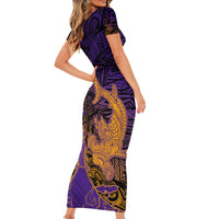 Hawaiian Volcano and Shark Family Matching Short Sleeve Bodycon Dress and Hawaiian Shirt Polynesian and Hibiscus Pattern Purple Yellow Gradient LT03 - Polynesian Pride