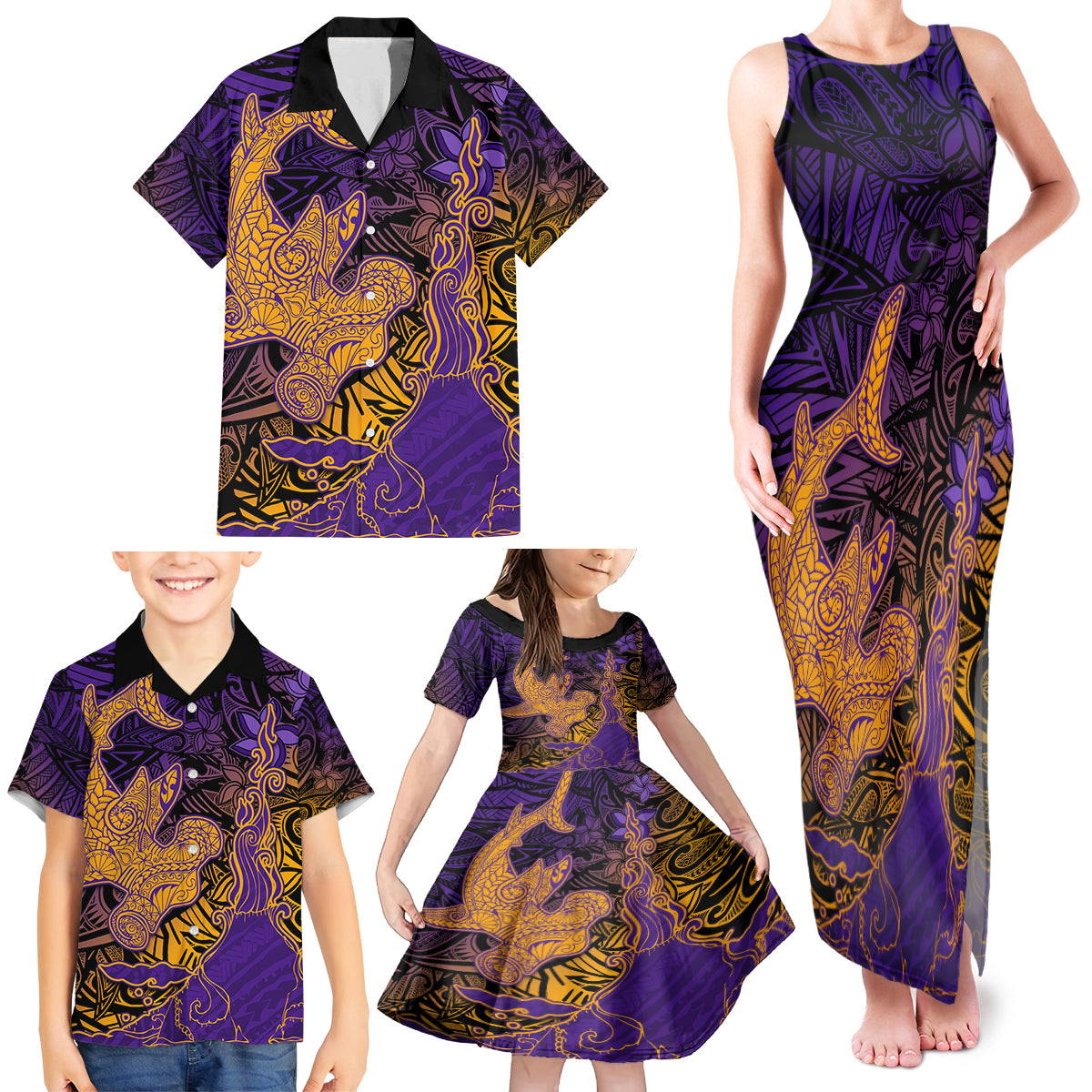 Hawaiian Volcano and Shark Family Matching Tank Maxi Dress and Hawaiian Shirt Polynesian and Hibiscus Pattern Purple Yellow Gradient LT03 - Polynesian Pride