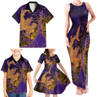 Hawaiian Volcano and Shark Family Matching Tank Maxi Dress and Hawaiian Shirt Polynesian and Hibiscus Pattern Purple Yellow Gradient LT03 - Polynesian Pride