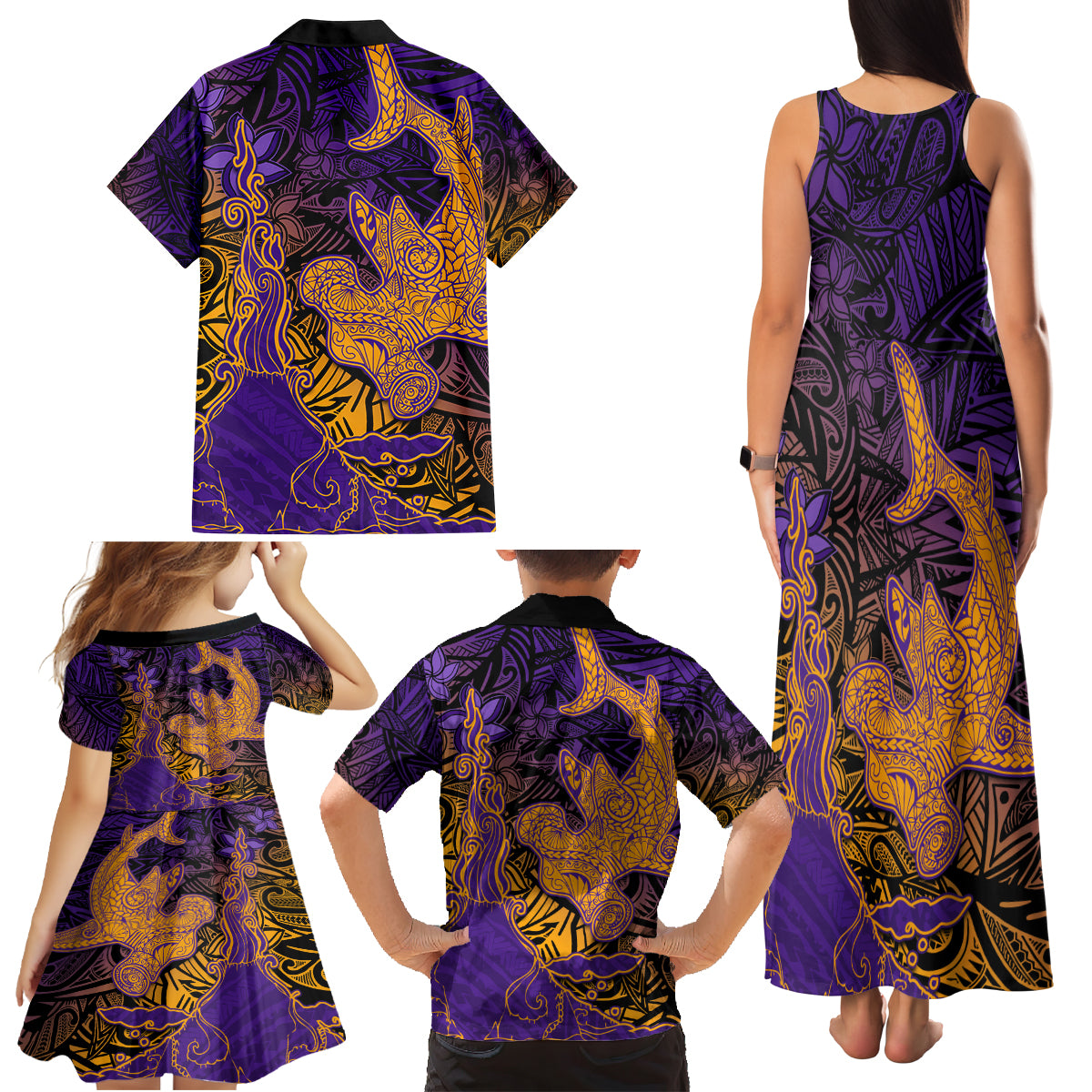 Hawaiian Volcano and Shark Family Matching Tank Maxi Dress and Hawaiian Shirt Polynesian and Hibiscus Pattern Purple Yellow Gradient LT03 - Polynesian Pride