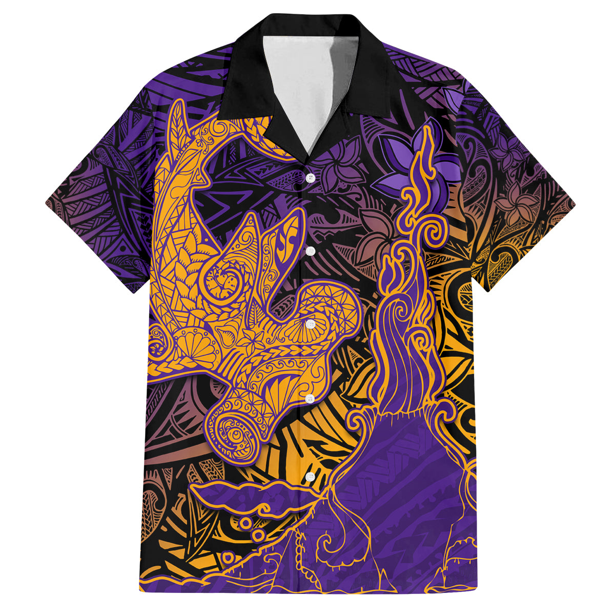 Hawaiian Volcano and Shark Family Matching Tank Maxi Dress and Hawaiian Shirt Polynesian and Hibiscus Pattern Purple Yellow Gradient LT03 Dad's Shirt - Short Sleeve Purple - Polynesian Pride