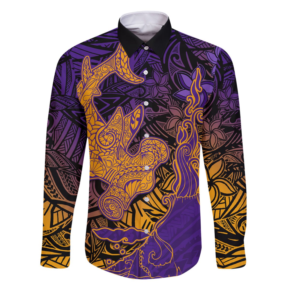 Hawaiian Volcano and Shark Family Matching Tank Maxi Dress and Hawaiian Shirt Polynesian and Hibiscus Pattern Purple Yellow Gradient LT03 Dad's Shirt - Long Sleeve Purple - Polynesian Pride