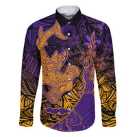 Hawaiian Volcano and Shark Family Matching Tank Maxi Dress and Hawaiian Shirt Polynesian and Hibiscus Pattern Purple Yellow Gradient LT03 Dad's Shirt - Long Sleeve Purple - Polynesian Pride