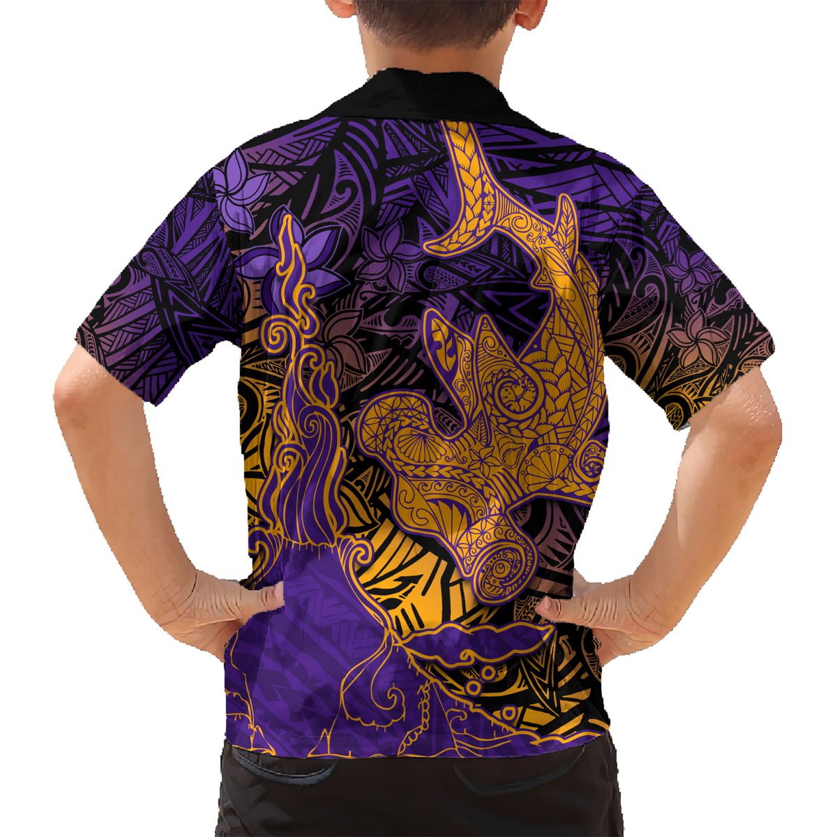 Hawaiian Volcano and Shark Hawaiian Shirt Polynesian and Hibiscus Pattern Purple Yellow Gradient