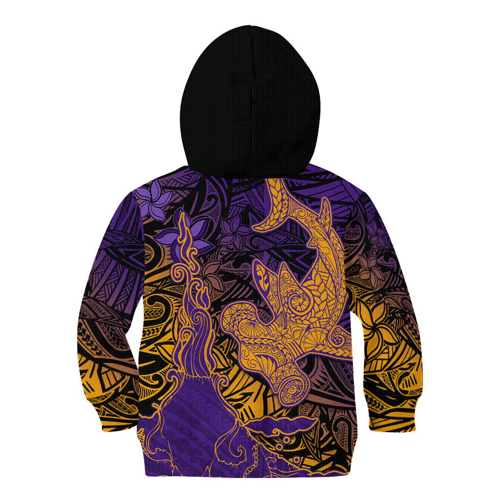 Hawaiian Volcano and Shark Kid Hoodie Polynesian and Hibiscus Pattern Purple Yellow Gradient LT03 - Polynesian Pride