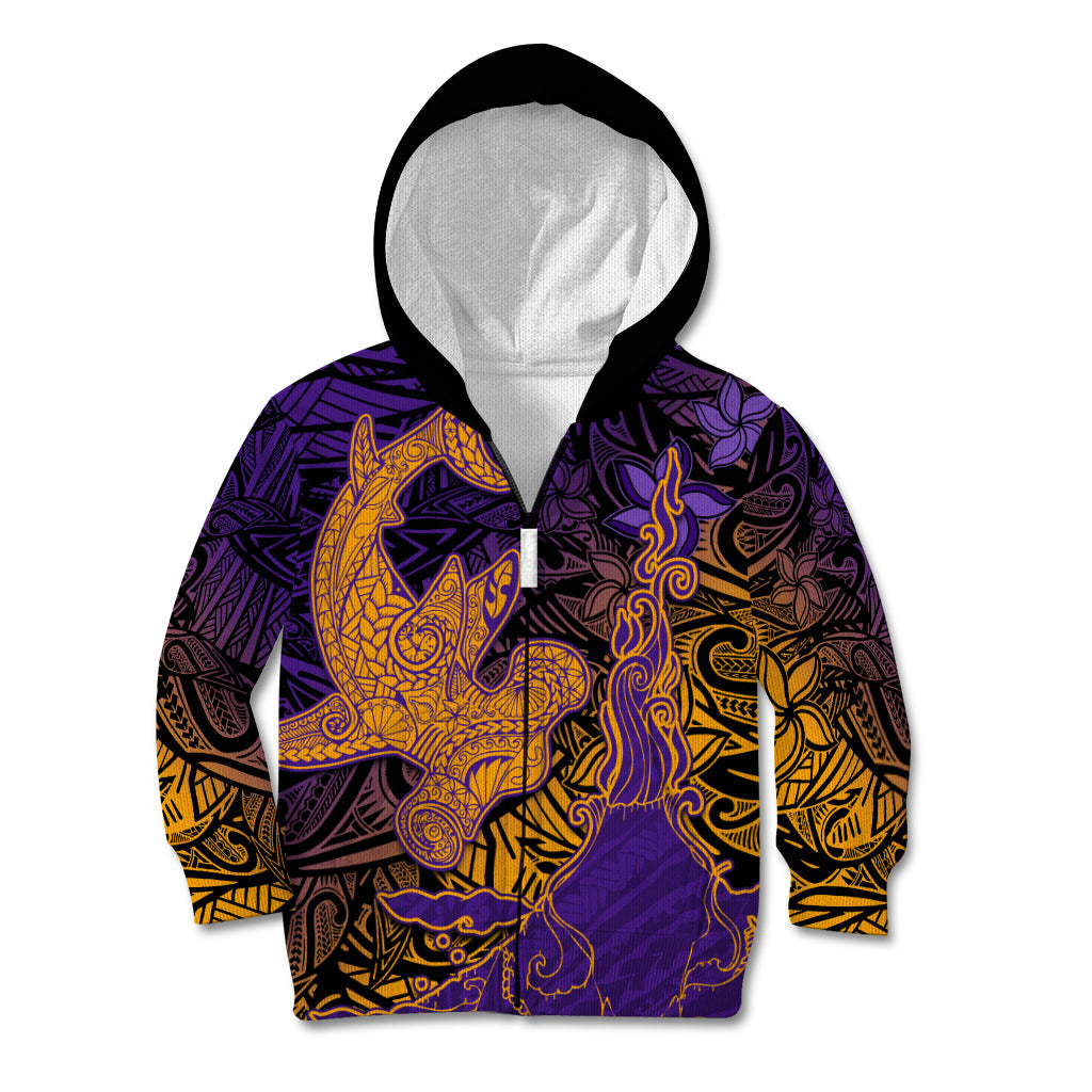 Hawaiian Volcano and Shark Kid Hoodie Polynesian and Hibiscus Pattern Purple Yellow Gradient LT03 Zip Hoodie Purple - Polynesian Pride