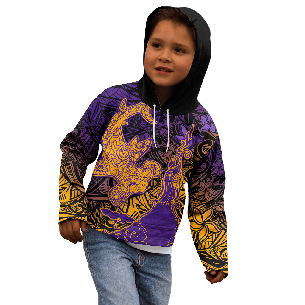 Hawaiian Volcano and Shark Kid Hoodie Polynesian and Hibiscus Pattern Purple Yellow Gradient LT03 - Polynesian Pride