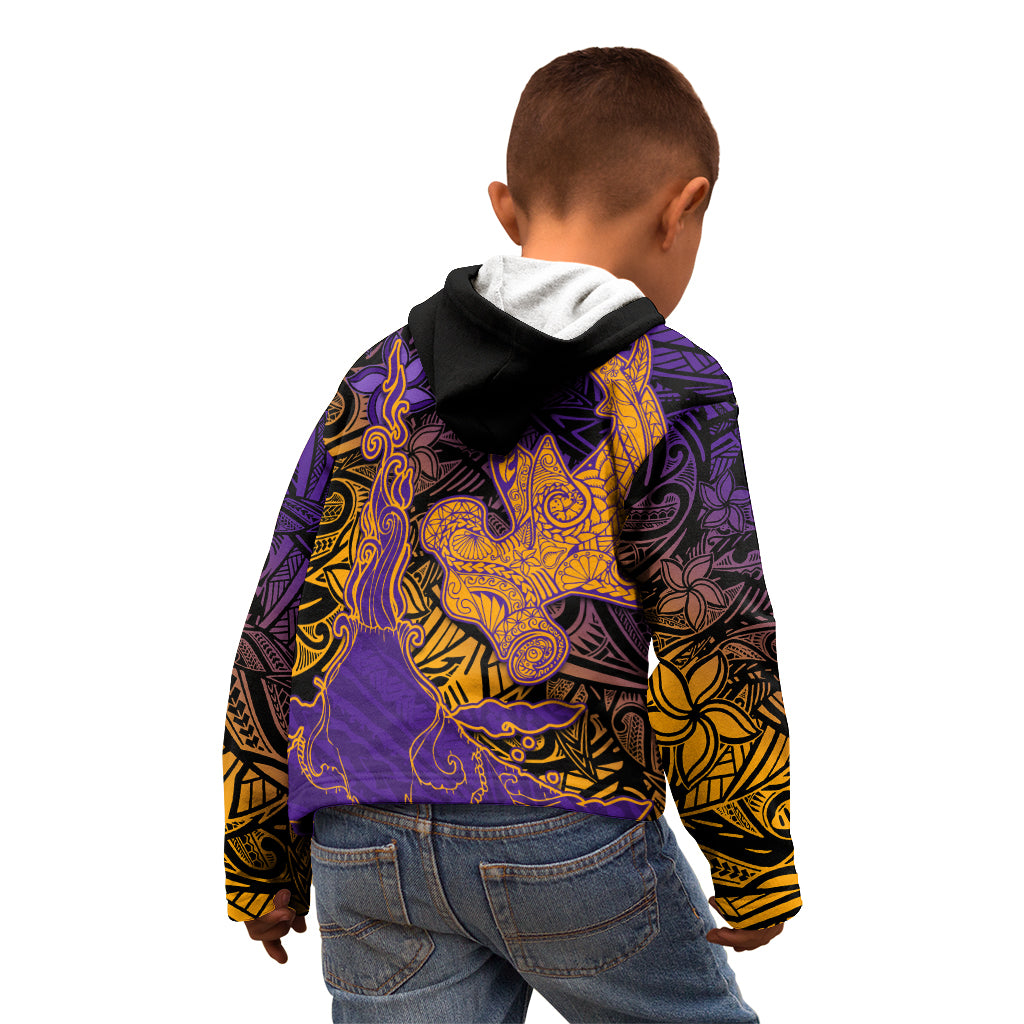Hawaiian Volcano and Shark Kid Hoodie Polynesian and Hibiscus Pattern Purple Yellow Gradient LT03 - Polynesian Pride
