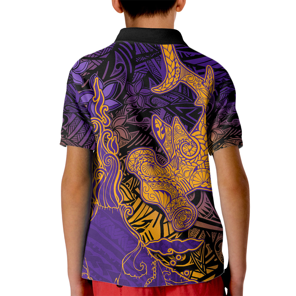 Hawaiian Volcano and Shark Kid Polo Shirt Polynesian and Hibiscus Pattern Purple Yellow Gradient