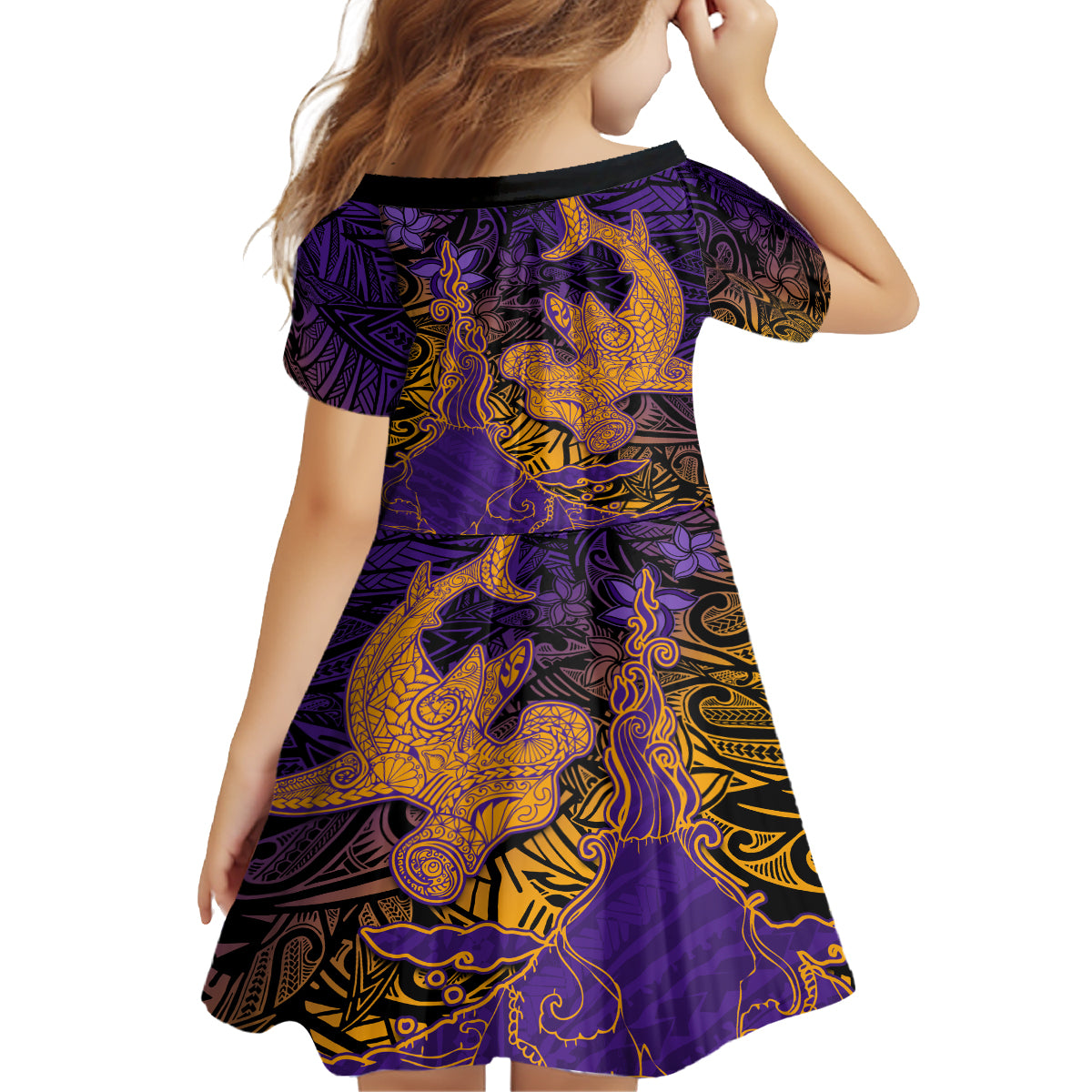 Hawaiian Volcano and Shark Kid Short Sleeve Dress Polynesian and Hibiscus Pattern Purple Yellow Gradient