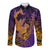 Hawaiian Volcano and Shark Long Sleeve Button Shirt Polynesian and Hibiscus Pattern Purple Yellow Gradient