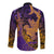 Hawaiian Volcano and Shark Long Sleeve Button Shirt Polynesian and Hibiscus Pattern Purple Yellow Gradient