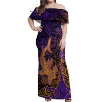 Hawaiian Volcano and Shark Off Shoulder Maxi Dress Polynesian and Hibiscus Pattern Purple Yellow Gradient LT03 Women Purple - Polynesian Pride