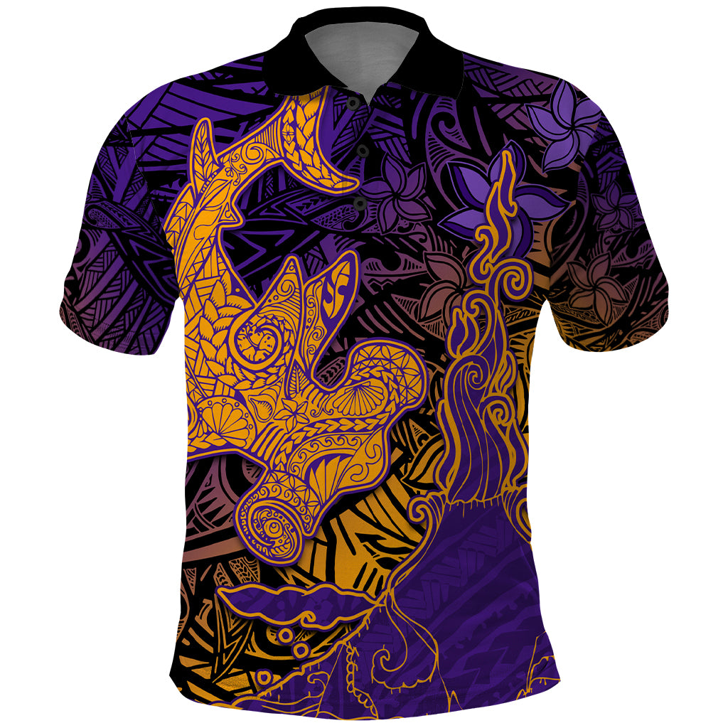 Hawaiian Volcano and Shark Polo Shirt Polynesian and Hibiscus Pattern Purple Yellow Gradient