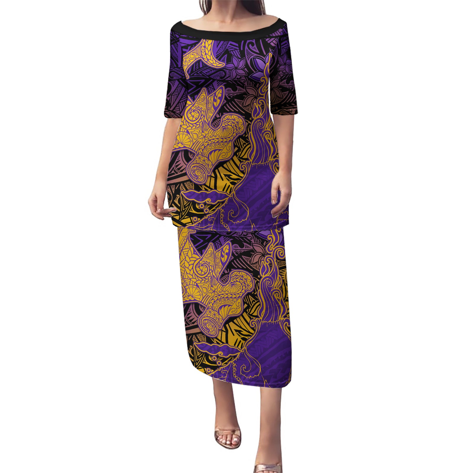 Hawaiian Volcano and Shark Puletasi Polynesian and Hibiscus Pattern Purple Yellow Gradient