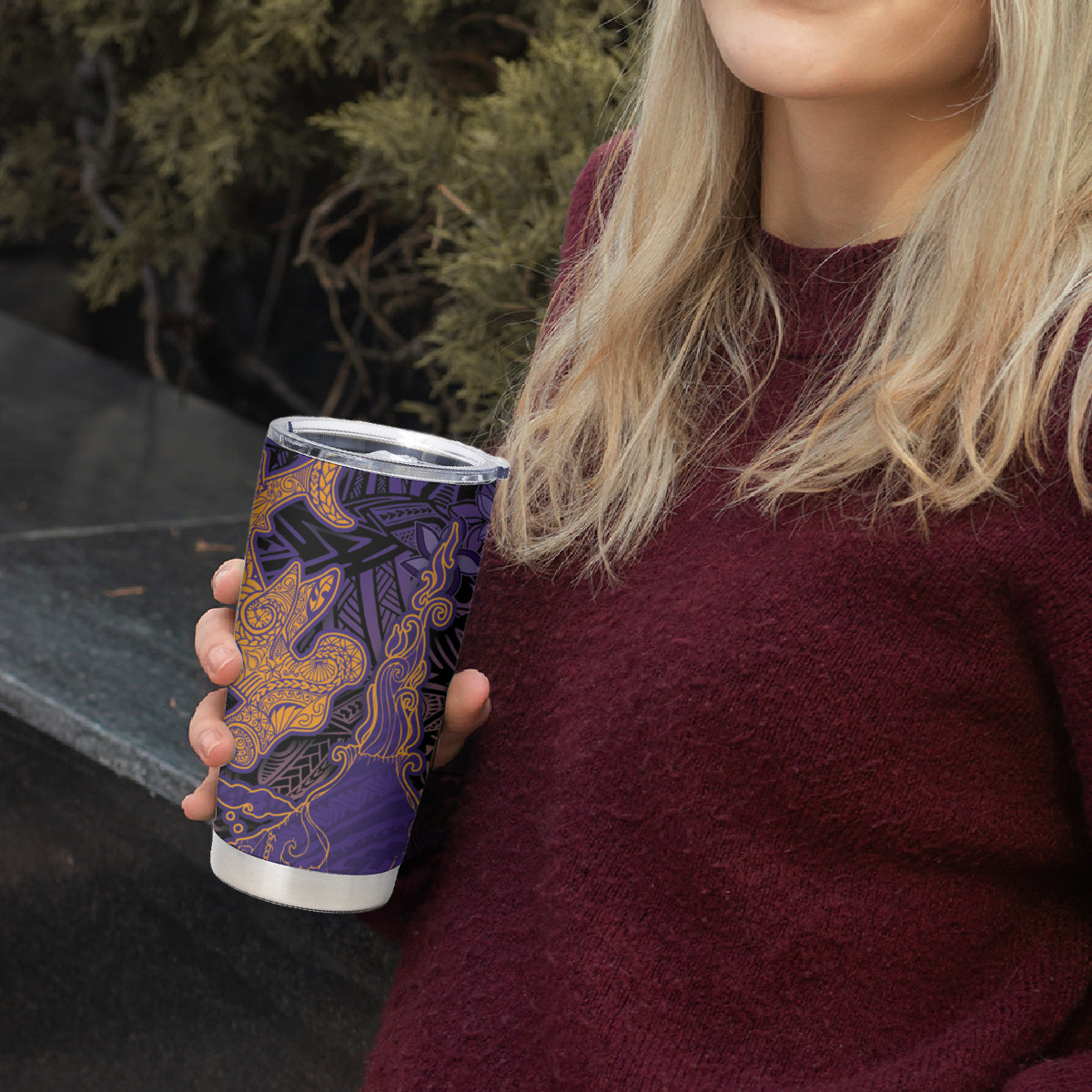 Hawaiian Volcano and Shark Tumbler Cup Polynesian and Hibiscus Pattern Purple Yellow Gradient