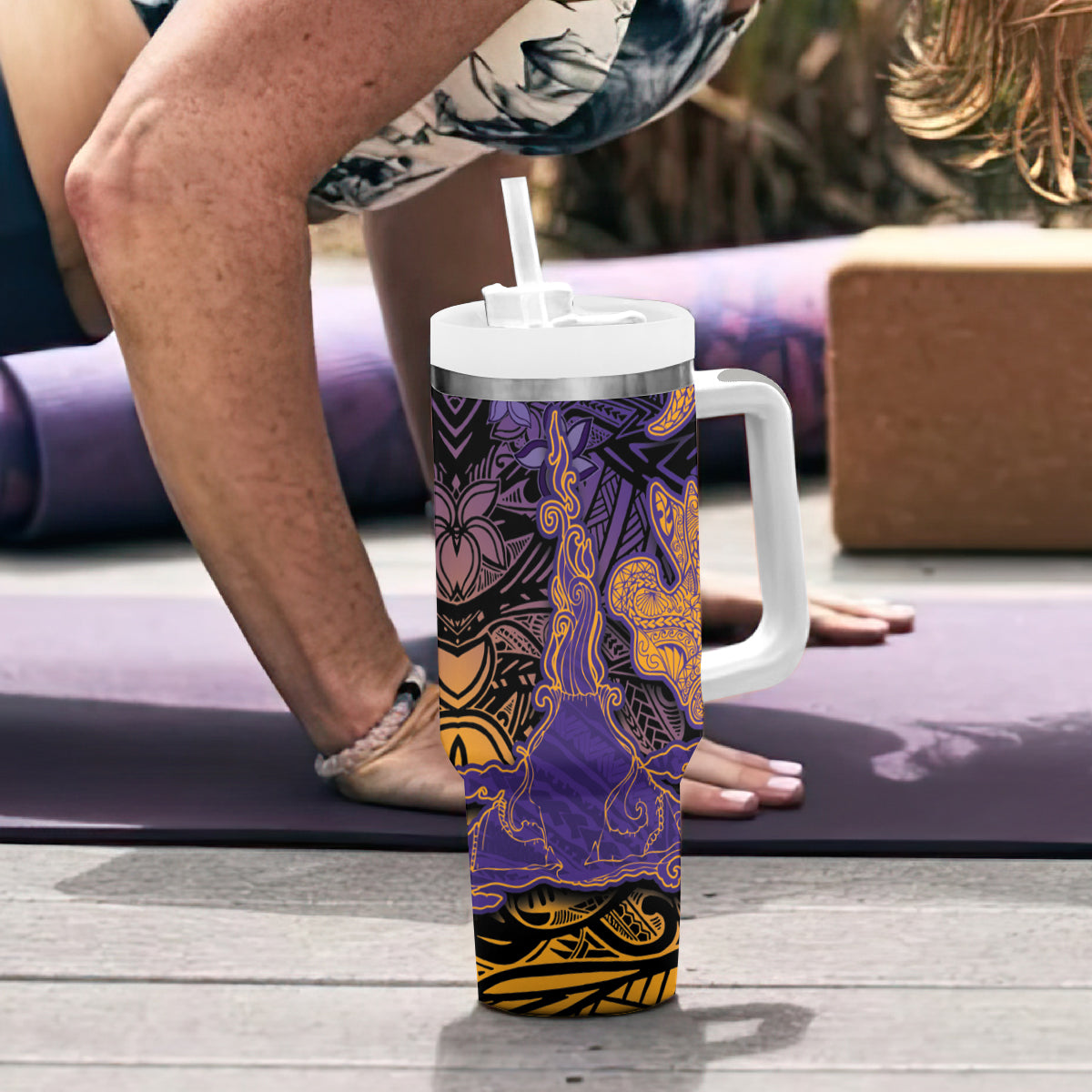 Hawaiian Volcano and Shark Tumbler With Handle Polynesian and Hibiscus Pattern Purple Yellow Gradient