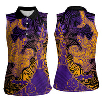 Hawaiian Volcano and Shark Women Sleeveless Polo Shirt Polynesian and Hibiscus Pattern Purple Yellow Gradient