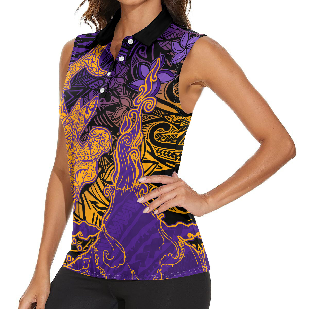 Hawaiian Volcano and Shark Women Sleeveless Polo Shirt Polynesian and Hibiscus Pattern Purple Yellow Gradient