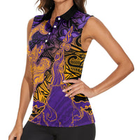 Hawaiian Volcano and Shark Women Sleeveless Polo Shirt Polynesian and Hibiscus Pattern Purple Yellow Gradient