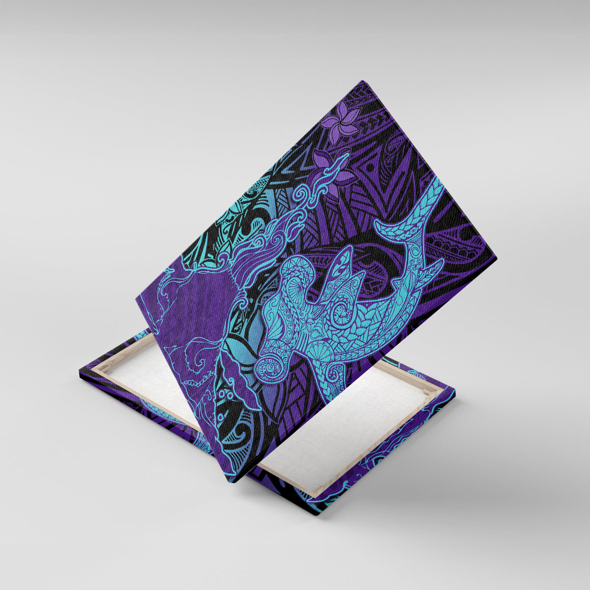 Hawaiian Volcano and Shark Canvas Wall Art Polynesian and Hibiscus Pattern Purple Cyan Gradient