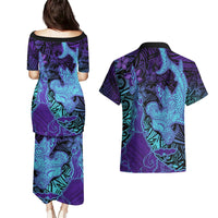Hawaiian Volcano and Shark Couples Matching Puletasi and Hawaiian Shirt Polynesian and Hibiscus Pattern Purple Cyan Gradient