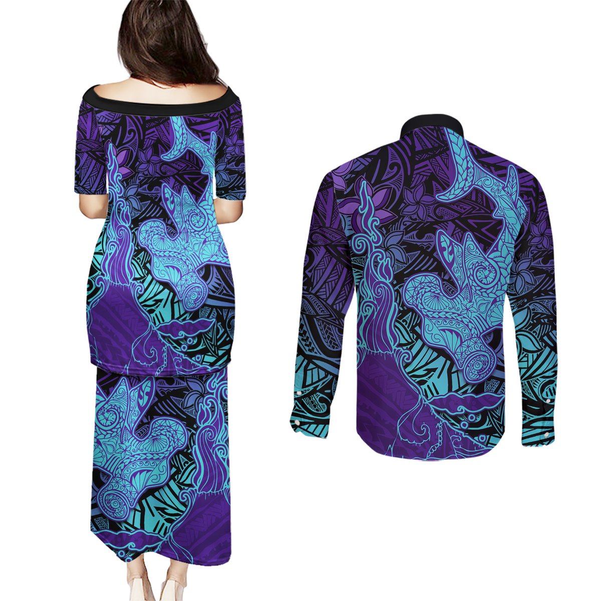 Hawaiian Volcano and Shark Couples Matching Puletasi and Long Sleeve Button Shirt Polynesian and Hibiscus Pattern Purple Cyan Gradient