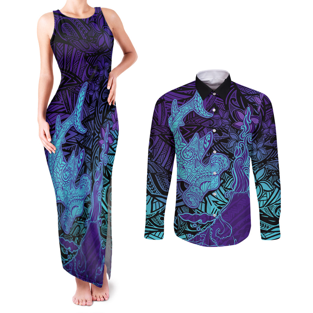 Hawaiian Volcano and Shark Couples Matching Tank Maxi Dress and Long Sleeve Button Shirt Polynesian and Hibiscus Pattern Purple Cyan Gradient