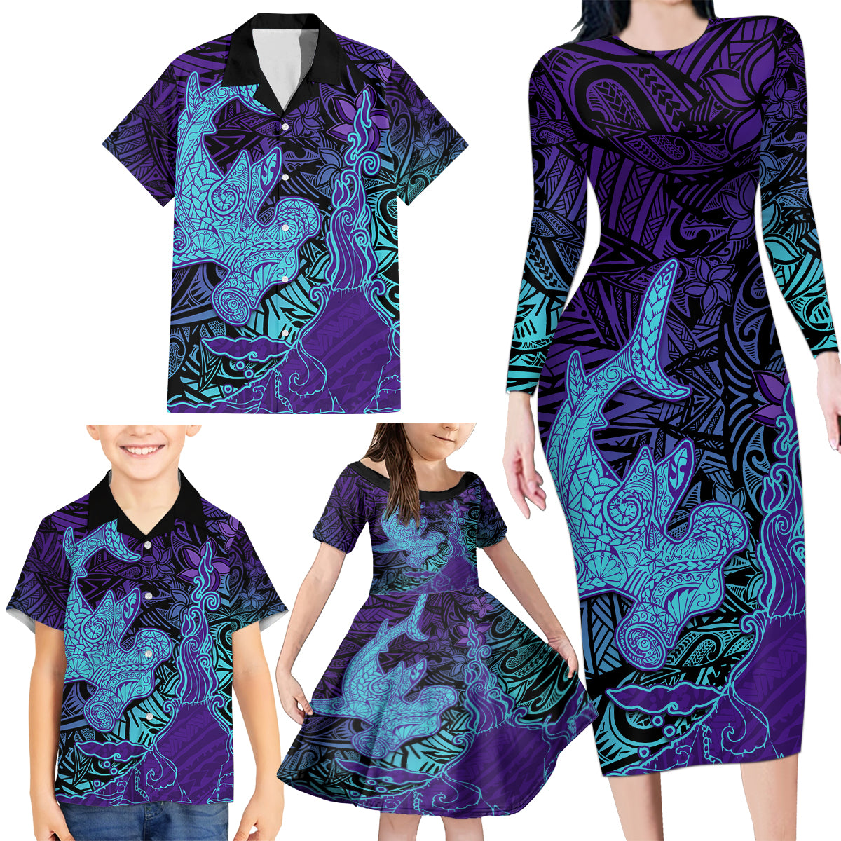 Hawaiian Volcano and Shark Family Matching Long Sleeve Bodycon Dress and Hawaiian Shirt Polynesian and Hibiscus Pattern Purple Cyan Gradient LT03 - Polynesian Pride