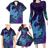 Hawaiian Volcano and Shark Family Matching Long Sleeve Bodycon Dress and Hawaiian Shirt Polynesian and Hibiscus Pattern Purple Cyan Gradient LT03 - Polynesian Pride