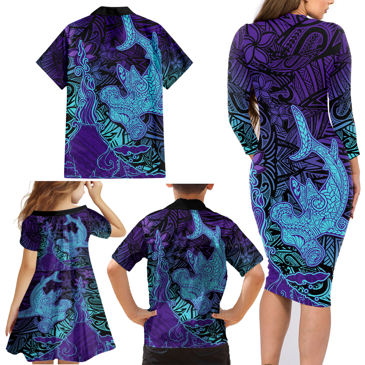 Hawaiian Volcano and Shark Family Matching Long Sleeve Bodycon Dress and Hawaiian Shirt Polynesian and Hibiscus Pattern Purple Cyan Gradient LT03 - Polynesian Pride