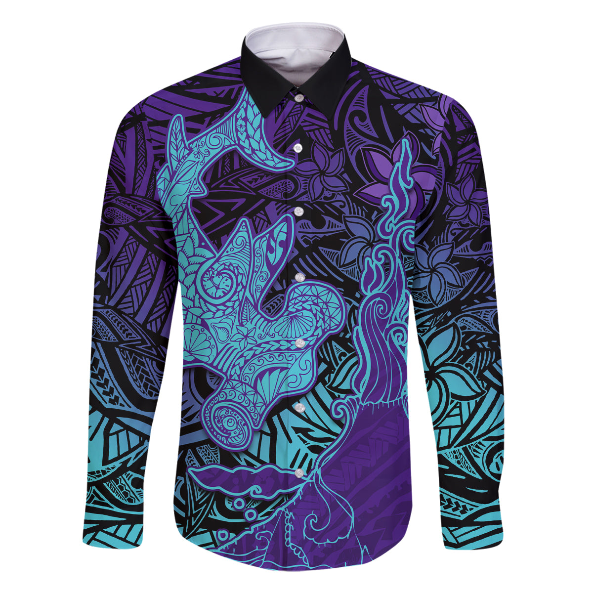 Hawaiian Volcano and Shark Family Matching Long Sleeve Bodycon Dress and Hawaiian Shirt Polynesian and Hibiscus Pattern Purple Cyan Gradient LT03 Dad's Shirt - Long Sleeve Purple - Polynesian Pride