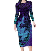Hawaiian Volcano and Shark Family Matching Long Sleeve Bodycon Dress and Hawaiian Shirt Polynesian and Hibiscus Pattern Purple Cyan Gradient LT03 Mom's Dress Purple - Polynesian Pride