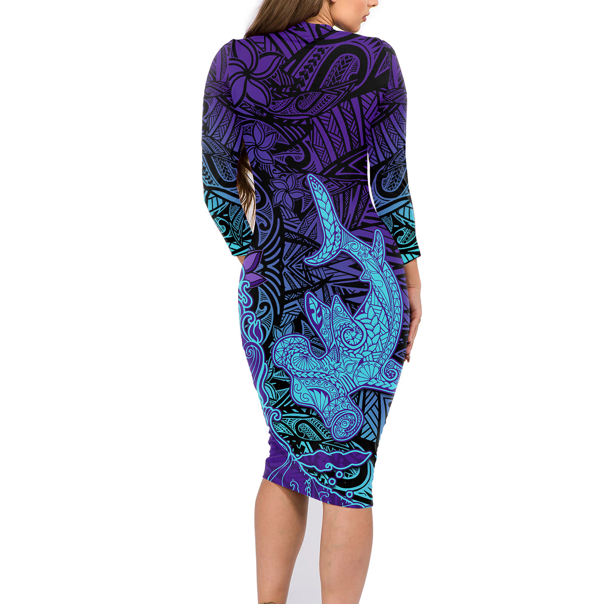 Hawaiian Volcano and Shark Family Matching Long Sleeve Bodycon Dress and Hawaiian Shirt Polynesian and Hibiscus Pattern Purple Cyan Gradient LT03 - Polynesian Pride