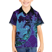 Hawaiian Volcano and Shark Family Matching Long Sleeve Bodycon Dress and Hawaiian Shirt Polynesian and Hibiscus Pattern Purple Cyan Gradient LT03 Son's Shirt Purple - Polynesian Pride
