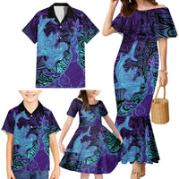 Hawaiian Volcano and Shark Family Matching Mermaid Dress and Hawaiian Shirt Polynesian and Hibiscus Pattern Purple Cyan Gradient LT03 - Polynesian Pride