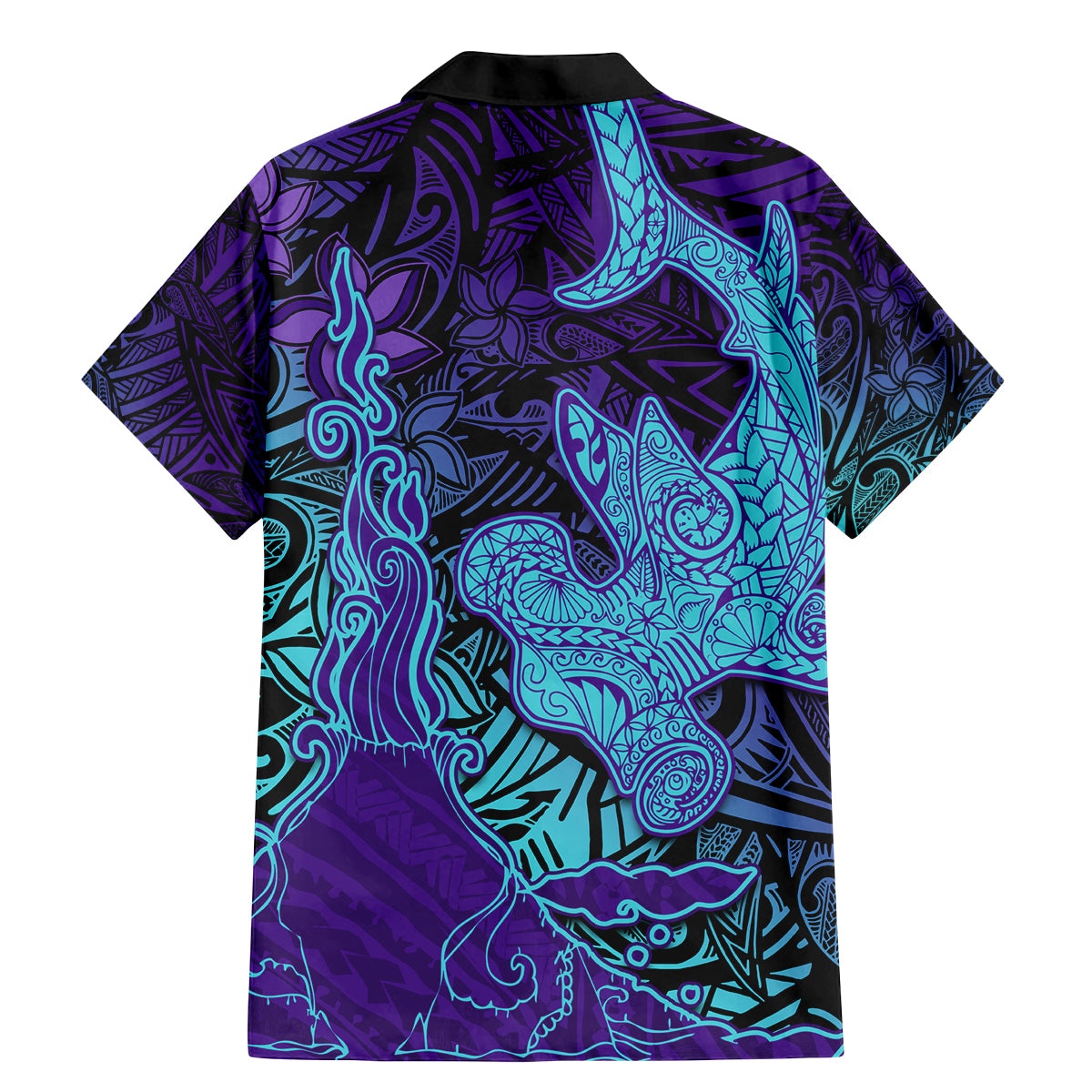 Hawaiian Volcano and Shark Family Matching Mermaid Dress and Hawaiian Shirt Polynesian and Hibiscus Pattern Purple Cyan Gradient LT03 - Polynesian Pride