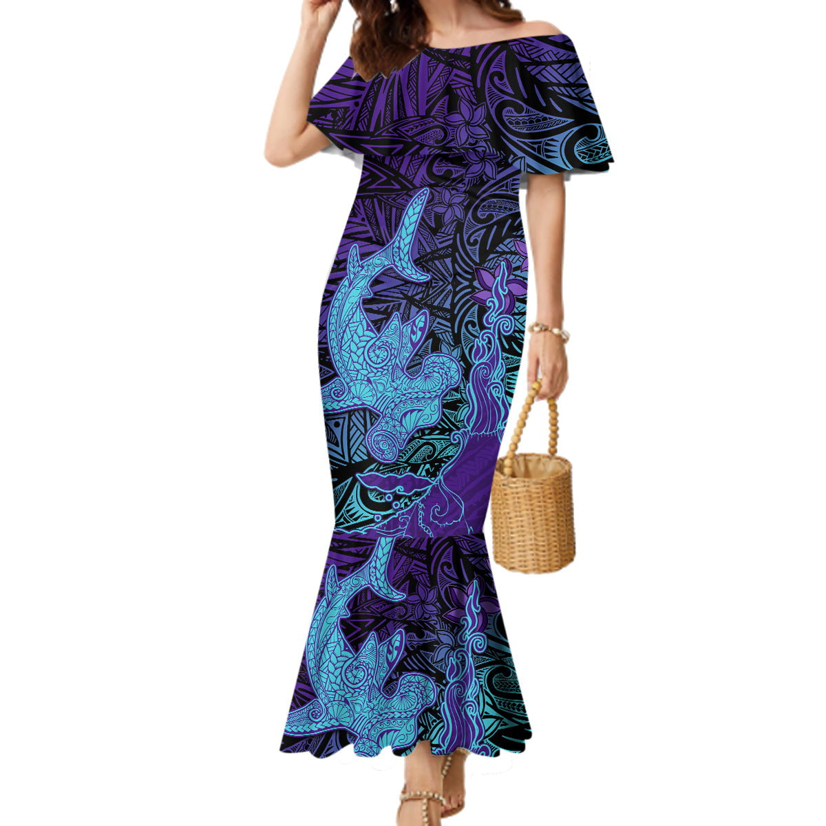 Hawaiian Volcano and Shark Family Matching Mermaid Dress and Hawaiian Shirt Polynesian and Hibiscus Pattern Purple Cyan Gradient LT03 Mom's Dress Purple - Polynesian Pride