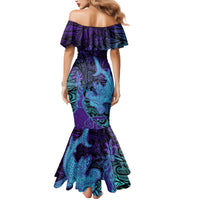 Hawaiian Volcano and Shark Family Matching Mermaid Dress and Hawaiian Shirt Polynesian and Hibiscus Pattern Purple Cyan Gradient LT03 - Polynesian Pride