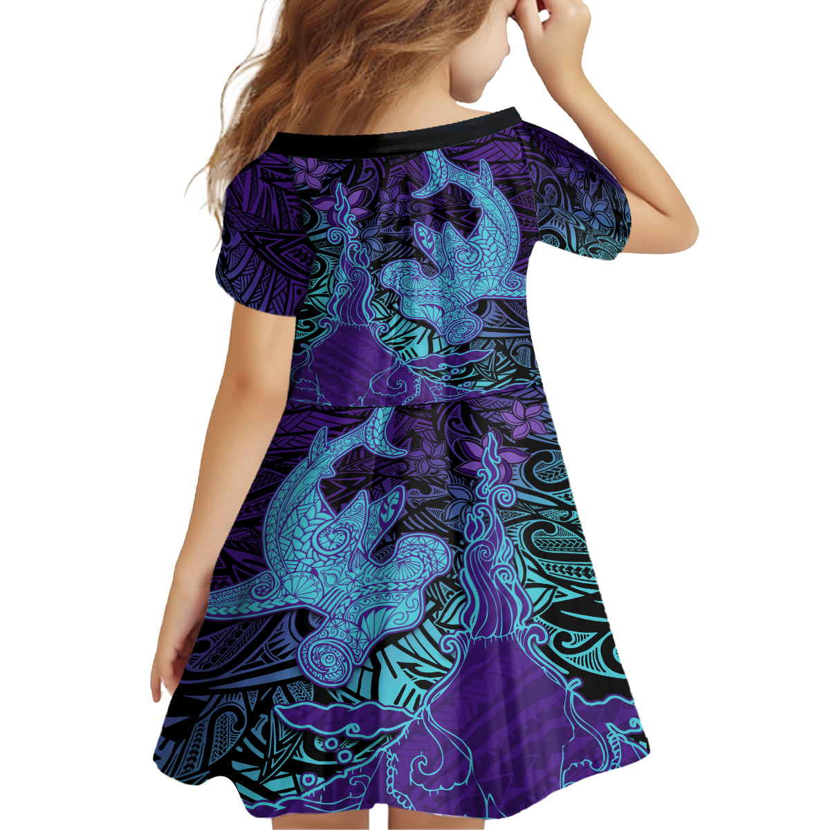 Hawaiian Volcano and Shark Family Matching Off The Shoulder Long Sleeve Dress and Hawaiian Shirt Polynesian and Hibiscus Pattern Purple Cyan Gradient LT03 - Polynesian Pride