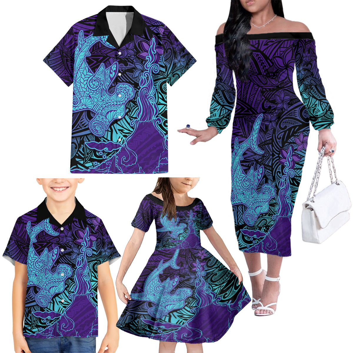 Hawaiian Volcano and Shark Family Matching Off The Shoulder Long Sleeve Dress and Hawaiian Shirt Polynesian and Hibiscus Pattern Purple Cyan Gradient LT03 - Polynesian Pride