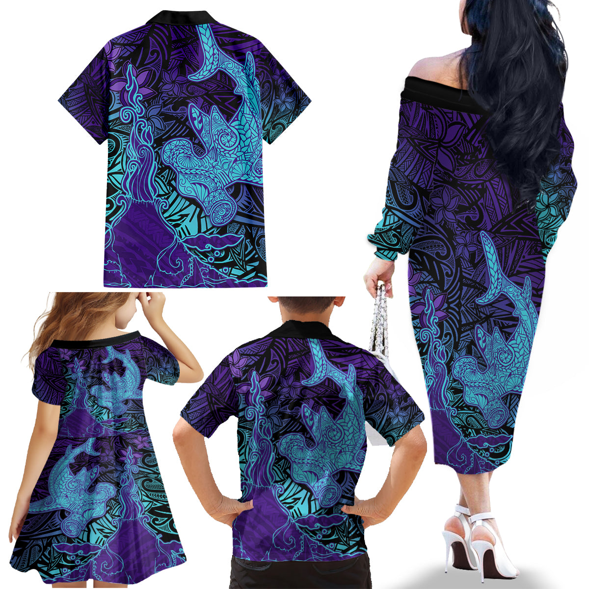Hawaiian Volcano and Shark Family Matching Off The Shoulder Long Sleeve Dress and Hawaiian Shirt Polynesian and Hibiscus Pattern Purple Cyan Gradient LT03 - Polynesian Pride