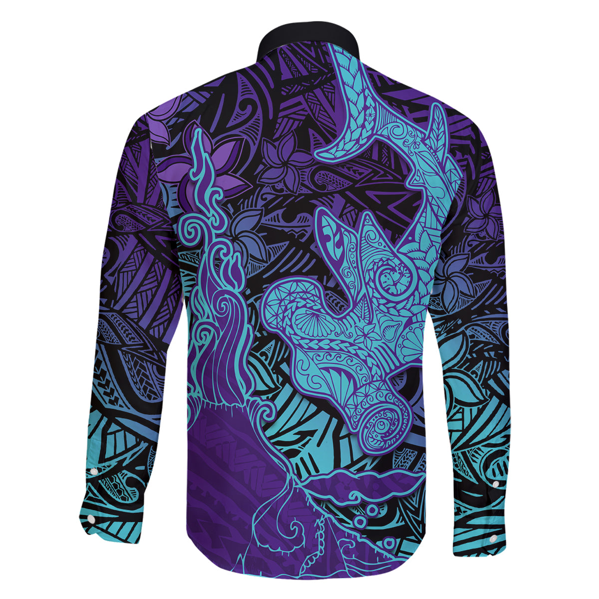 Hawaiian Volcano and Shark Family Matching Off The Shoulder Long Sleeve Dress and Hawaiian Shirt Polynesian and Hibiscus Pattern Purple Cyan Gradient LT03 - Polynesian Pride