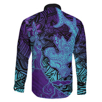Hawaiian Volcano and Shark Family Matching Off The Shoulder Long Sleeve Dress and Hawaiian Shirt Polynesian and Hibiscus Pattern Purple Cyan Gradient LT03 - Polynesian Pride