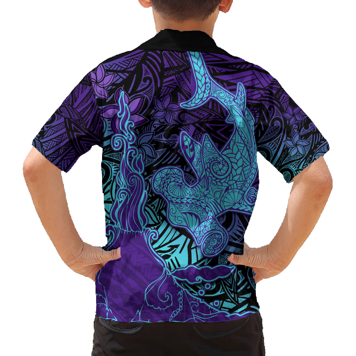 Hawaiian Volcano and Shark Family Matching Off Shoulder Short Dress and Hawaiian Shirt Polynesian and Hibiscus Pattern Purple Cyan Gradient LT03 - Polynesian Pride